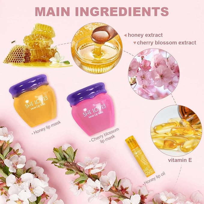 2PCS Lip Mask Overnight, Honey&Sakura Day and Night Repair Sleeping Lip Balm, Fade Lip Lines Bee Balm, Hydrating &Prevention Dry and Crack Lip Scrubs Exfoliator-Velvo Beauty