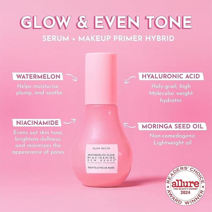 Glow Recipe Watermelon Niacinamide Dew Drops - Brightening, Plumping Hydrating Face Serum, Makeup Primer + Liquid Highlighter with Hyaluronic Acid - Dewy & Glowing Korean Skin Care (40ml)-Velvo Beauty
