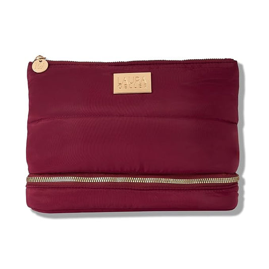 LAURA GELLER NEW YORK Quilted Makeup Bag with Brush Case, Burgundy - Toiletry Bag Organizer for Travel - Large Capacity Full Size Makeup Bag - Easy to Clean-Velvo Beauty