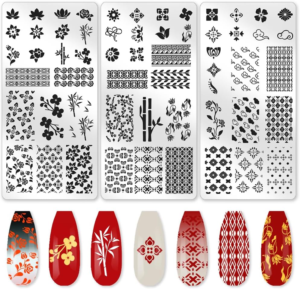 3Pcs Traditional Chinese Style Nail Stamping Plate Set Bamboo Floral Steel Nail Stamp Templates Clear Silicone Nails Stamping with Stamper Scraper for Manicure Printing-Velvo Beauty