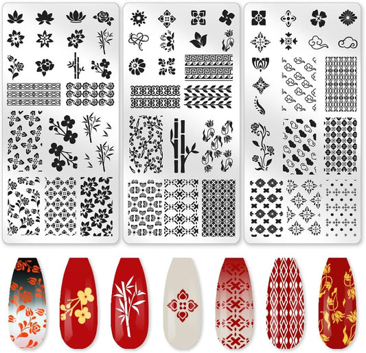 3Pcs Traditional Chinese Style Nail Stamping Plate Set Bamboo Floral Steel Nail Stamp Templates Clear Silicone Nails Stamping with Stamper Scraper for Manicure Printing-Velvo Beauty