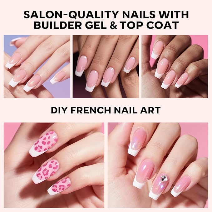 Gel Nail Kit, Top Coat, Nail Builder Gel and Nail Glue for Nail Tips, Press On Nails Kit with LED Light, 150 PCS Long Pink Square, 15 Sizes French Tip Press on Nails-Velvo Beauty