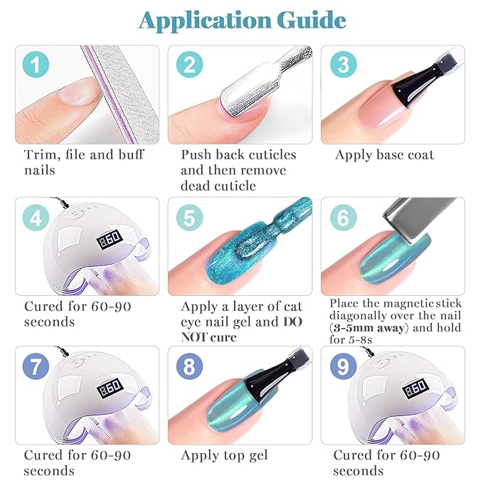 RARJSM Blue Cat Eye Gel Nail Polish Set 6pcs Reflective Diamond Glitter Clear Light Gray Sea Blue Green Tone Glass Cateye Gelpolish with Magnet Stick 7.5ml Curing Requires Soak Off for Home Salon-Velvo Beauty