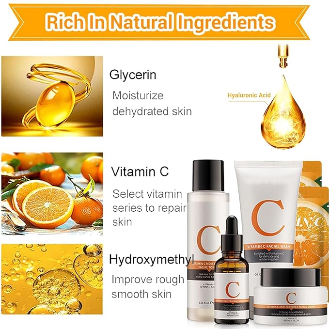 Vitamin C Skin Care Sets, 6Pcs Skin Care Products Set, Skin Care Gift Set for Women Girls, Hydrating Skincare Routine Set, Face Care Kit Includes Cleanser, Mask, Face Serum, Toner, Cream-Velvo Beauty
