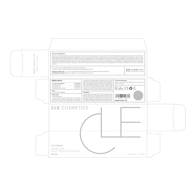 CLE Cosmetics CCC Cream (Warm Light 106 / SPF 50) - Color Correcting With Sunscreen - Lightweight, Hydrating Foundation - BB & CC Hybrid - Light to Medium Coverage - 1 fl oz-Velvo Beauty