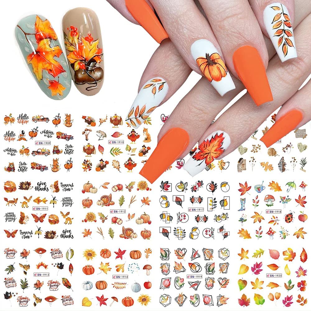 Fall Nail Art Stickers Maple Leaf Water Transfer Nail Decals Nail Supplies Autumn Maple Leaves Pumpkin Turkey Fox Design Watermark Nail Art Decorations Thanksgiving Day Stickers Manicure Tips 12Pcs-Velvo Beauty