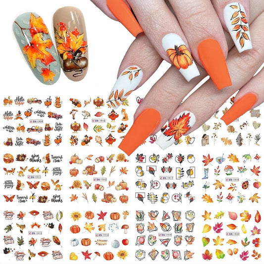 Fall Nail Art Stickers Maple Leaf Water Transfer Nail Decals Nail Supplies Autumn Maple Leaves Pumpkin Turkey Fox Design Watermark Nail Art Decorations Thanksgiving Day Stickers Manicure Tips 12Pcs-Velvo Beauty