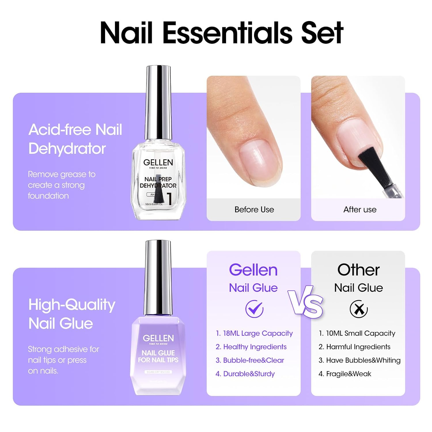 Gellen 18ML Nail Glue Gel and Nail Prep Dehydrator, 4 in 1 Soak Off LED UV Glue for False & Acrylic & Clear Press on Nails, Long Lasting for 28+ Days-Velvo Beauty