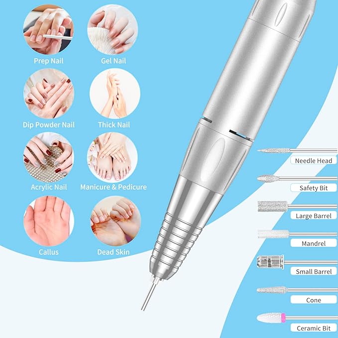 Portable Nail Drill Professional, 35000 RPM Rechargeable Electric Nail File Machine E File for Acrylic Nails Gel Polishing Removing, Cordless E-file with Bits Kit for Manicure Salon Home,Blue-Velvo Beauty