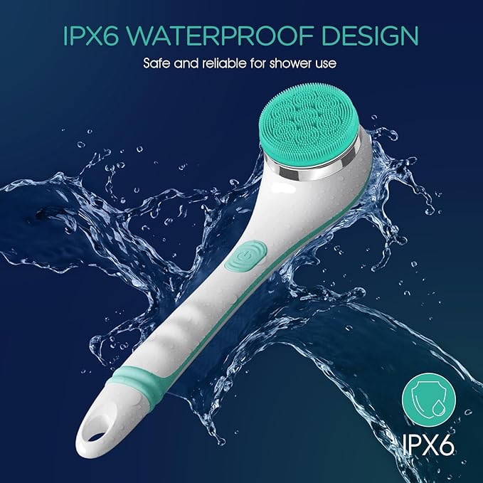 VOYOR Electric Silicone Body Scrubber, Back Scrubber for Shower, Waterproof Long Handle Body Brush, Rechargeable Power Bath Brush for Cleansing, Exfoliating, Massaging Skin BC100 (Blue)-Velvo Beauty