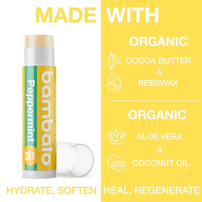 4-Pack Peppermint SPF 15 Lip Balm - Organic Ingredients, Broad Spectrum UVA/UVB Protection - Hydrating & Moisturizing, USA Made-Velvo Beauty