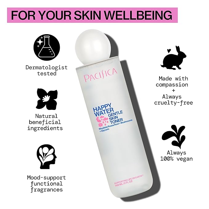 Pacifica Happy Water Hydrating Facial Toner Mist – Vegan Ceramides, Hyaluronic Acid & Electrolytes, Refreshing & Calming for Balanced Skin, Clean Beauty, Vegan, Cruelty-Free, All Skin Types, 4 oz-Velvo Beauty