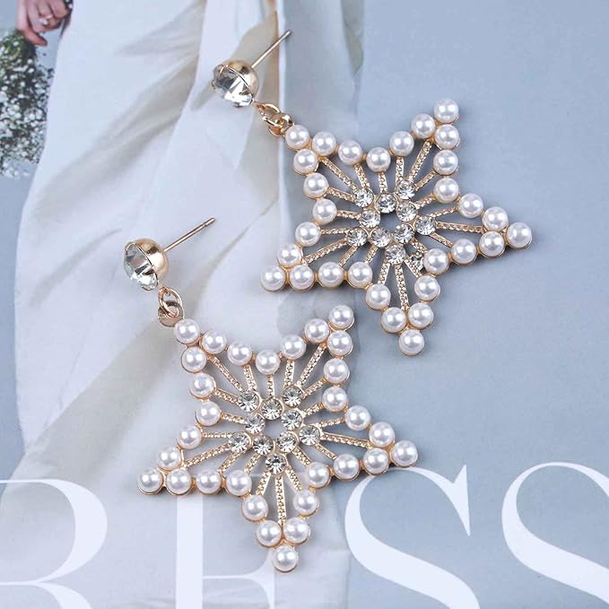 Vintage Pearl Star Drop Earrings Crystal Star Dangle Earrings Gold Rhinestone Stud Earrings Bohemian Large Star Statement Earrings Jewelry for Women and Girls Gifts-Velvo Beauty