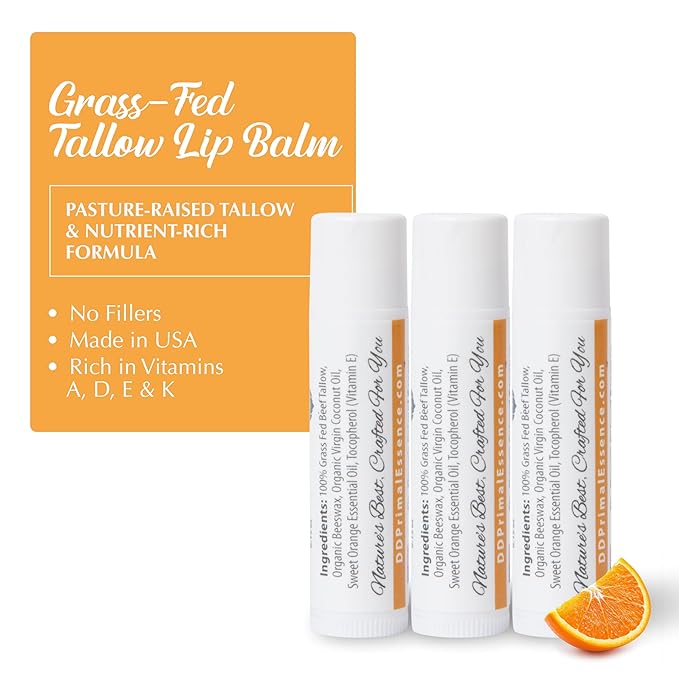 Moisturizing Tallow Lip Balm – Grass-Fed Beef Tallow with Organic Coconut Oil, Beeswax, and Vitamin E – Sweet Orange – Lip Balm Set – Travel Essential – 3-Pack-Velvo Beauty