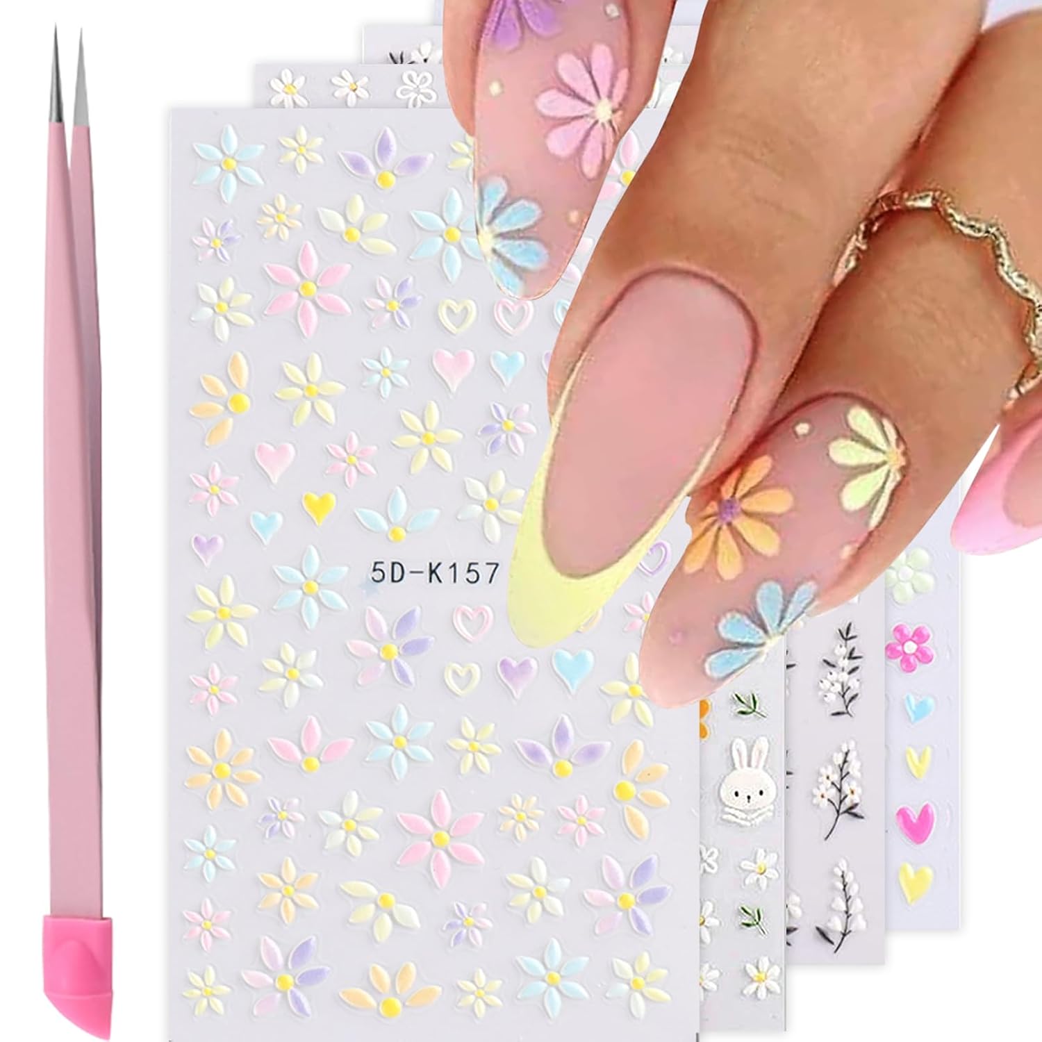 Flower Nail Art Stickers Decals 5D Embossed Nail Decals Spring Summer Daisy Nail Art Design Self-Adhesive Nail Supplies Accessories 3D Flower Nail Stickers for Women Nail DIY Decoration-Velvo Beauty