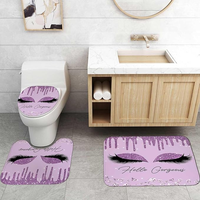 4PCS Purple Glitter Hello Gorgeous Shower Curtain Set, Glam Bling Diamond Rhinestones Gem Makeup Unicorn Eyelash Bathroom Decor, Waterproof Fabric Shower Curtain, Non-Slip Bath Mat Toilet Rug-Velvo Beauty