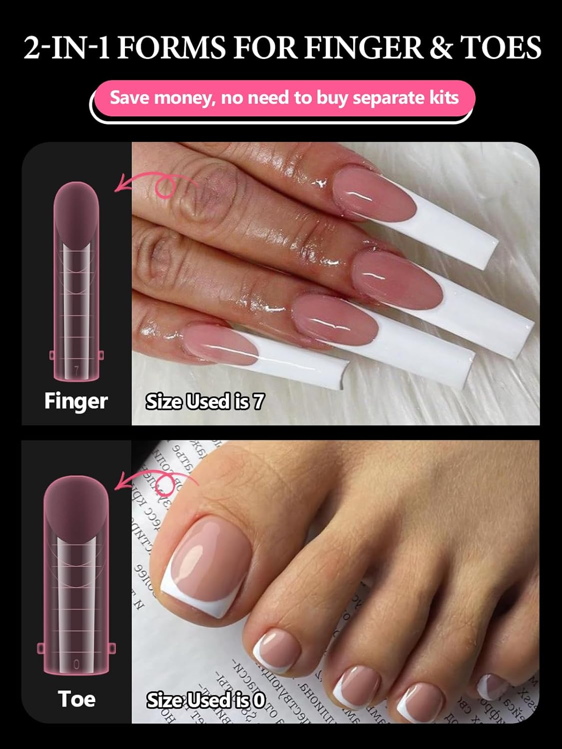 Poly Gel Dual Nail Forms for Finger and Toes, EBANKU Long Square Pink Flat Nail Molds Extension Tips Reusable for Women, 120Pcs 12 Sizes-Velvo Beauty