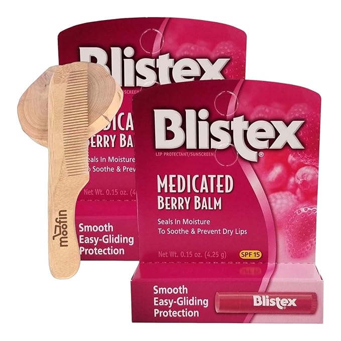 Blistex Medicated Lip Balm Medicated Lip Balm SPF15, 0.15 oz - Berry Flavor, Soothing Balm Stick Bundle with Moofin Wooden Comb - Sun Protection Medicated Lip Balm for Dry Cracked Lips, Chapped Lips-Velvo Beauty