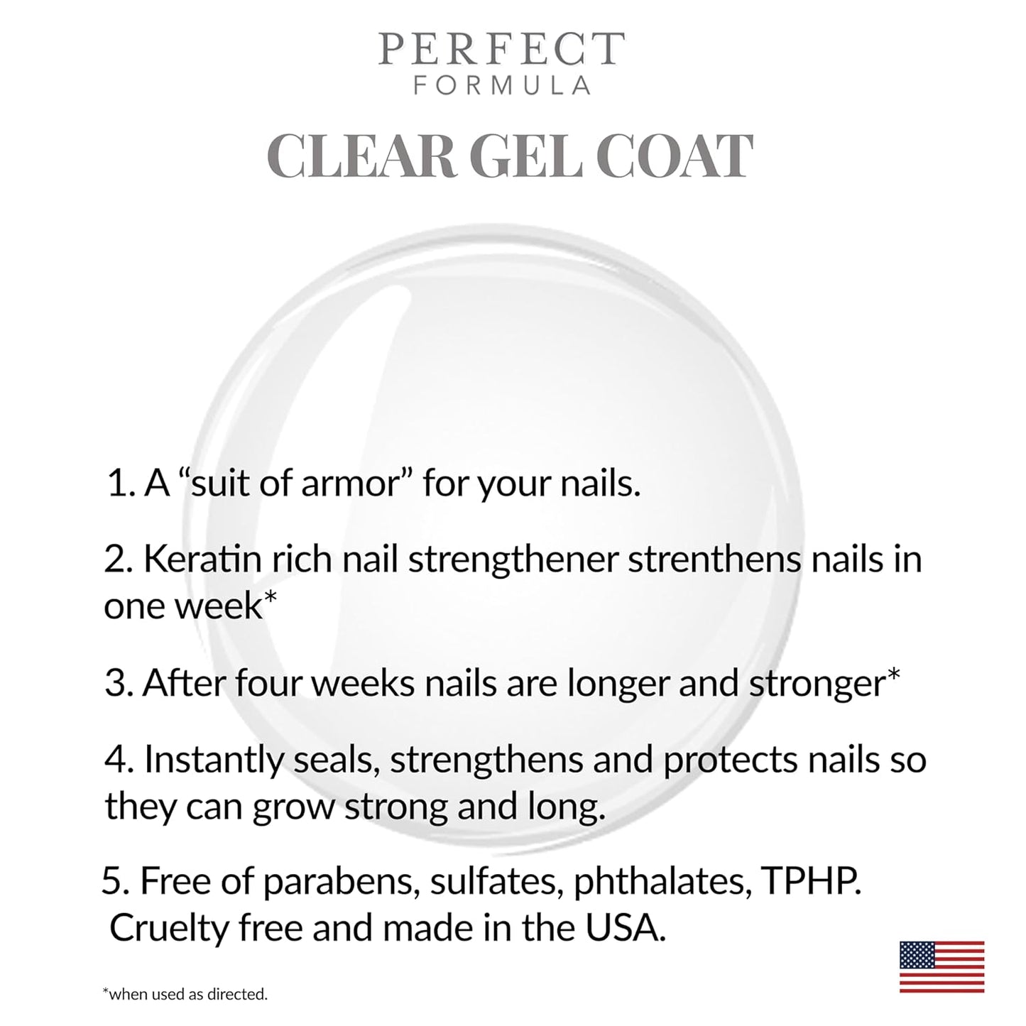 Perfect Formula Clear Gel Coat - Nail Strengthener, Keratin Treatment, Clear Nail Polish - Strengthener for Damaged Nails - Made In The USA .60 fl oz.-Velvo Beauty