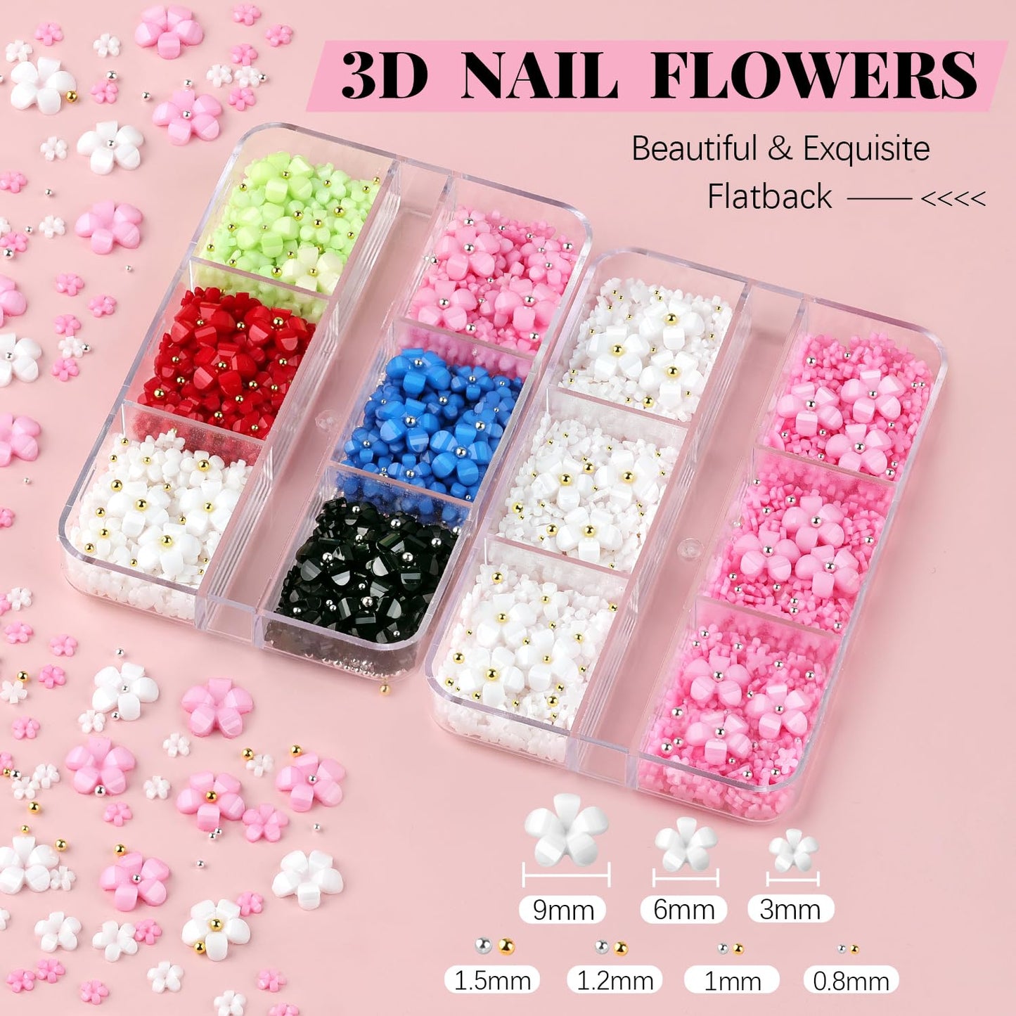 3D Flowers, Manicure Kit with Gel Glue, Colorful Acrylic Flower Nail Charms with Caviar Beads, Rhinestones + Gem Glue for Nails (UV/LED Needed) with Dotting & Pickup Tools-Velvo Beauty