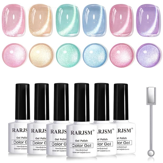 RARJSM Glass Jelly Cat Eye Gel Nail Polish Set 6pcs Reflective Sparkly Diamond Glitter Nude Pink Lake Blue Green Purple Clear Cateye Gelpolish with Magnet Stick 7.5ml Curing Requires for Home Salon-Velvo Beauty