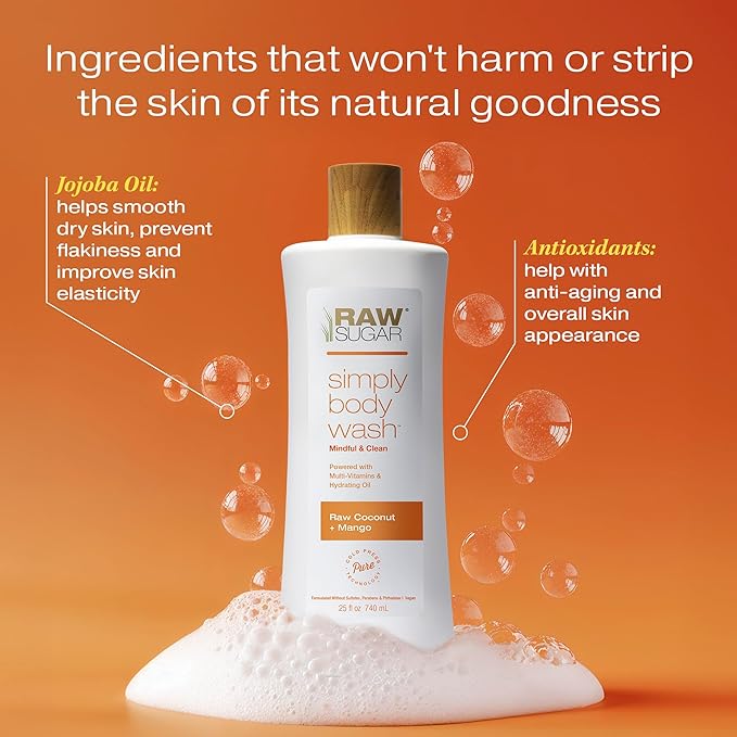 RAW SUGAR Simply Body Wash - Raw Coconut + Mango, Moisturizing & Soothing Bath & Shower Gel, Sulfate-Free, Paraben-Free & Vegan (Pack of 3)-Velvo Beauty