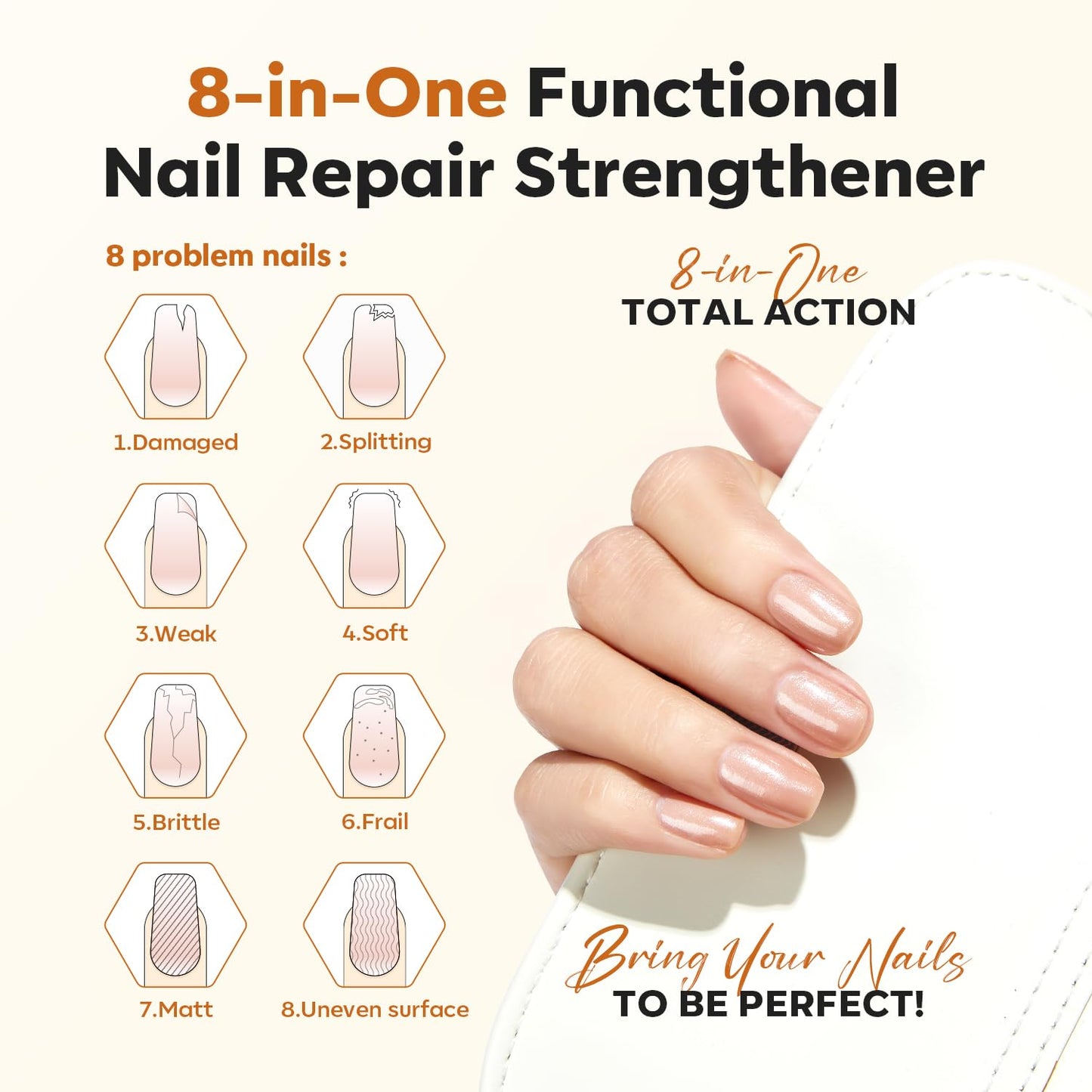 modelones Nail Strengthener, 8-in-One Nail Ridge Filler Base Coat Nail Polish Repair Nail Growth Treatment for Thin and Damaged Nails, Sparkling Champagne, 15ml-Velvo Beauty