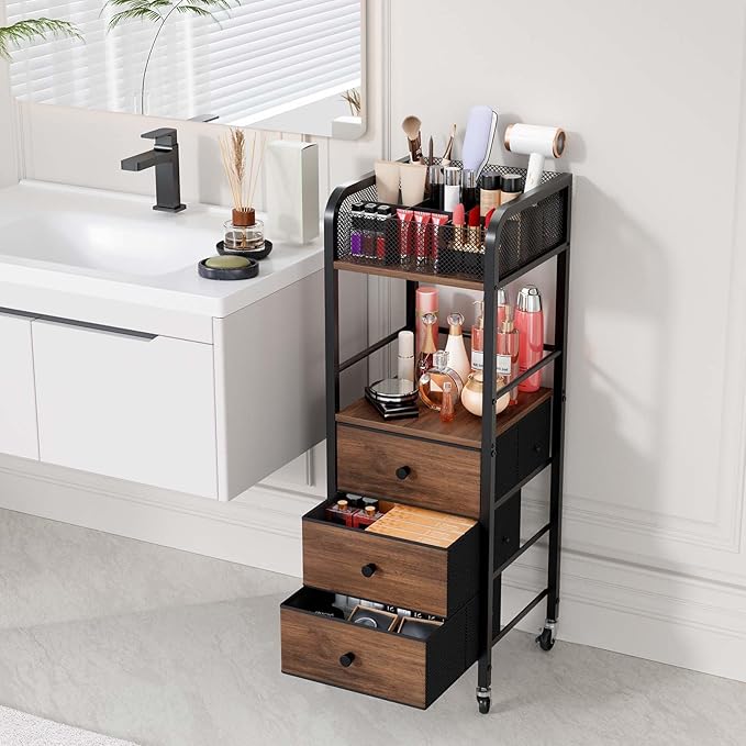 HapiRm Rolling Makeup Cart Organizer - Floor Skincare Make Up Storage with 3 Drawers, Vanity Organizer Cosmetic Display Cases Holder for Skin Care Perfume Nail Polish Brush Hair Tool-Velvo Beauty