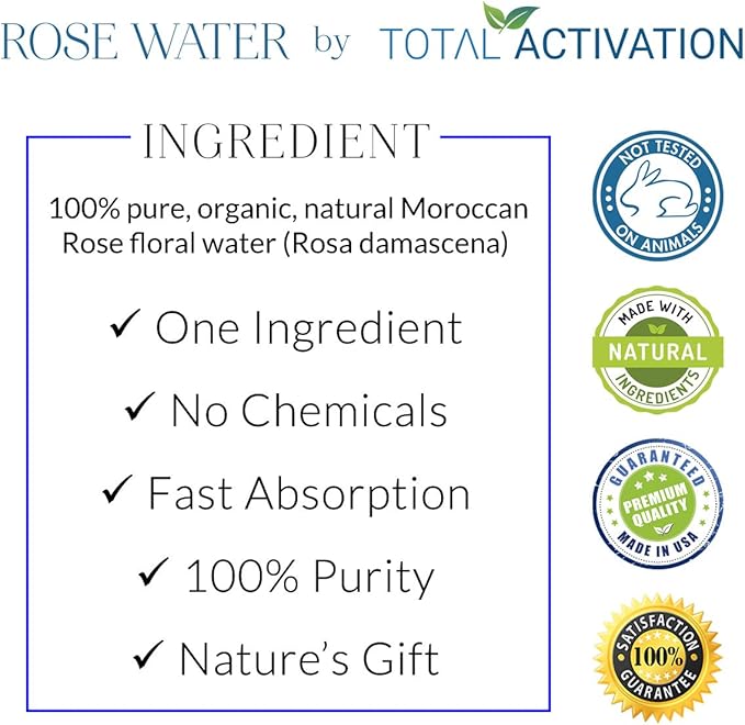 Large 4 oz 100% Pure, Organic Moroccan Rose Water Spray Face Toner, Skin Body Hair Spray, Eye Makeup Remover Alcohol Free Toner Minimizes Scar Hydrating Soothing Mist for Dry Oily Combination Skin-Velvo Beauty