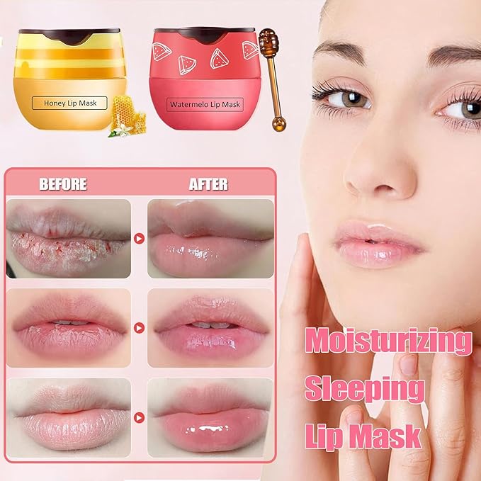 3 PCS Bee Lip Mask Honey Pot Lip Balm,Strawberry Watermelon Lip Mask Overnight Hydrating Dry and Crack Lip Scrubs Exfoliator Propolis Lip Sleeping Mask (Strawberry & Watermelon & Honey)-Velvo Beauty