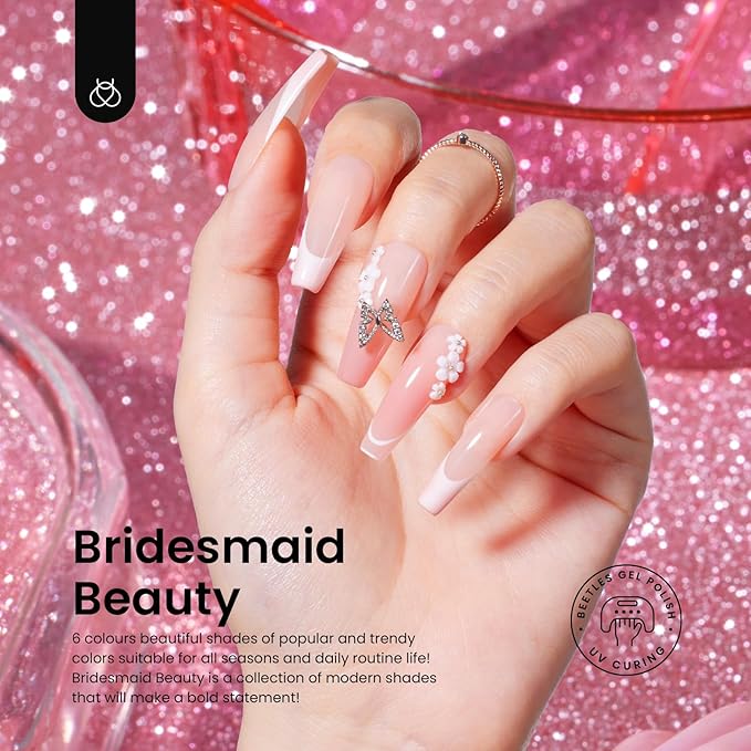 Beetles Gel Nail Polish Set 6 Colors Pink Nude Gray Glitter Gel Polish Wedding Nail Polish Bridesmaid Nail Art Design Soak Off Uv LED Lamp Needed Manicure Set Gifts for Women Bridesmaid Beauty-Velvo Beauty