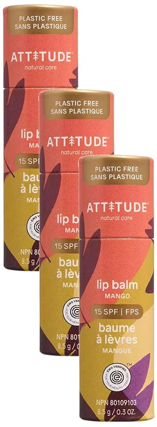 ATTITUDE Plastic-free Lip Balm with Sun Protection SPF 15, EWG Verified, Plant- and Mineral-Based Ingredients, Vegan and Cruelty-free, Mango, 0.3 Oz (Pack of 3)-Velvo Beauty