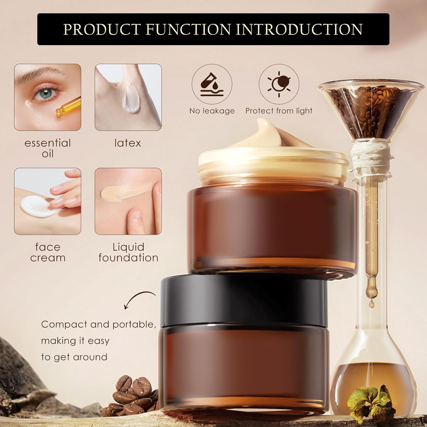 Lil Ray 2 Oz Glass Cream Jars with Black Lid, Empty Amber Glass Containers, Refillable Cosmetic Vials for Lotion, Ointment (12 PCS)-Velvo Beauty