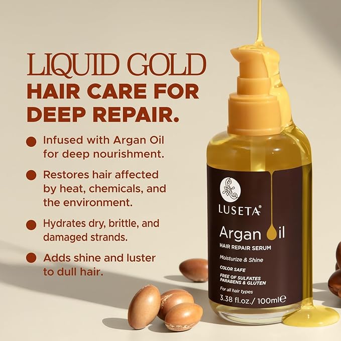L LUSETA Argan Oil Hair Serum, 100% Pure Argan Oil for Frizzy Control Dry Damage , Repair, Shine Smoothing Strengthening & Nourishing, 3.38 Fluid Ounces-Velvo Beauty