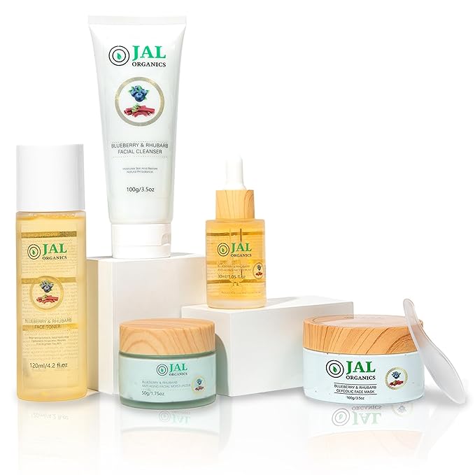 5 in 1 Blueberry & Rhubarb Korean Skin Care Set, Face Moisturizer, Glycolic Clay Face Mask, Serum, Cleanser & Toner for All Skin Types, Anti Aging Skin Care Sets & Kits, Facial Routine Kit for Women-Velvo Beauty