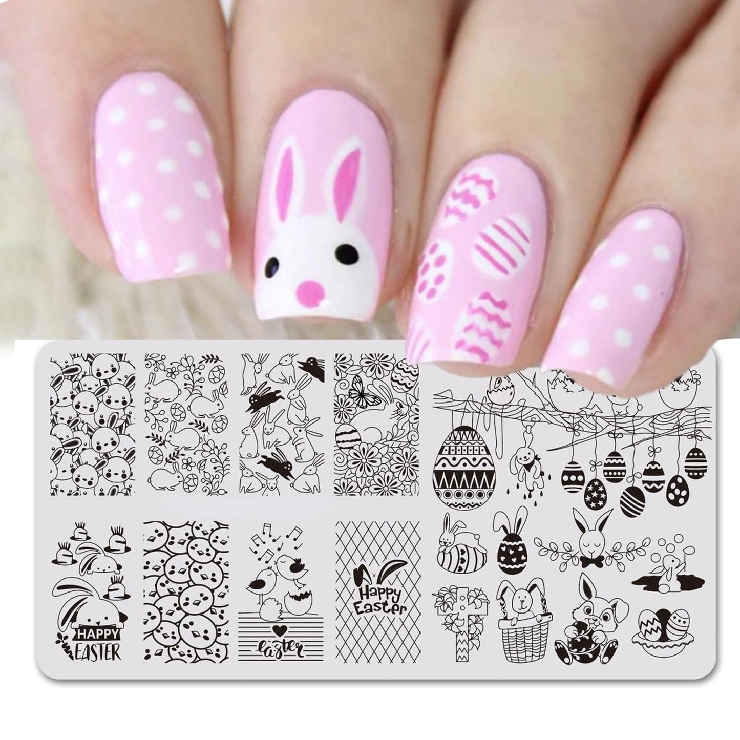 Easter Nail Stamping Plates Cute Bunny Nail Stamping Plate Chick Easter Eggs Designs Nail Art Stamping Template Easter Rabbit Manicure Decorations Supplies 1Pcs-Velvo Beauty