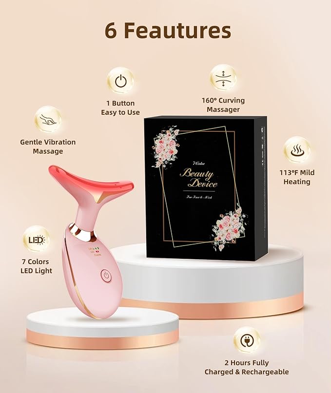 7 Color Face and Neck Massager Light Therapy, Red Light Based Facial Massager for Skin Care, Firming, Smoothing (Rose Golden)-Velvo Beauty