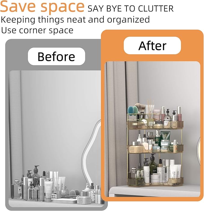 Corner Bathroom Counter Organizer with Top Toothbrush Holders, 3-Tier Make Up Organizers for Vanity with Brush Holder, Corner Storage for Bathroom, Kitchen, Dresser-Velvo Beauty