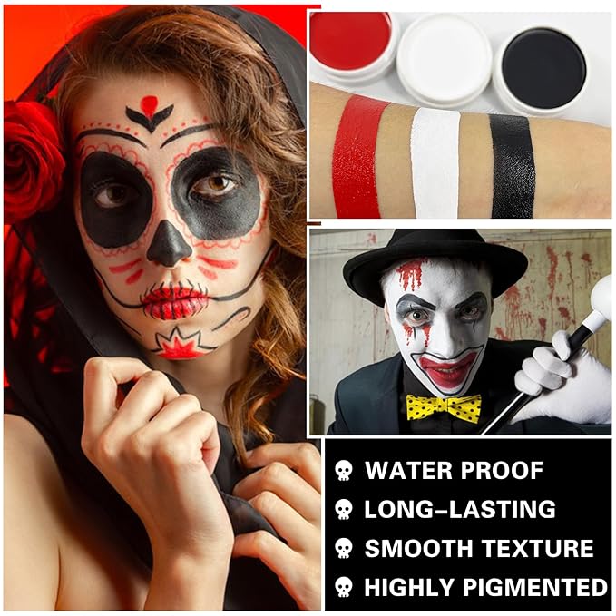3 PCS Black White Red Face Body Paint Halloween Special Effects Makeup Kit Oil Based Cream Face Paint Kit for Cosplay Party Clown Zombie Stage Sfx Makeup-Velvo Beauty