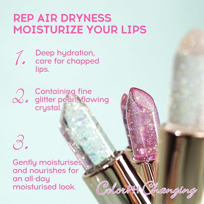 Pink Shimmer Lipstick, Ph Mood Magic Color Changing Lip Balm Plumping Glimmer Glow Lipstick Hydrating Lip Glow Oil Lasting Tinted Lip Balm Moisturizing Lips Care Temperature Jelly Lipstick(3#)-Velvo Beauty