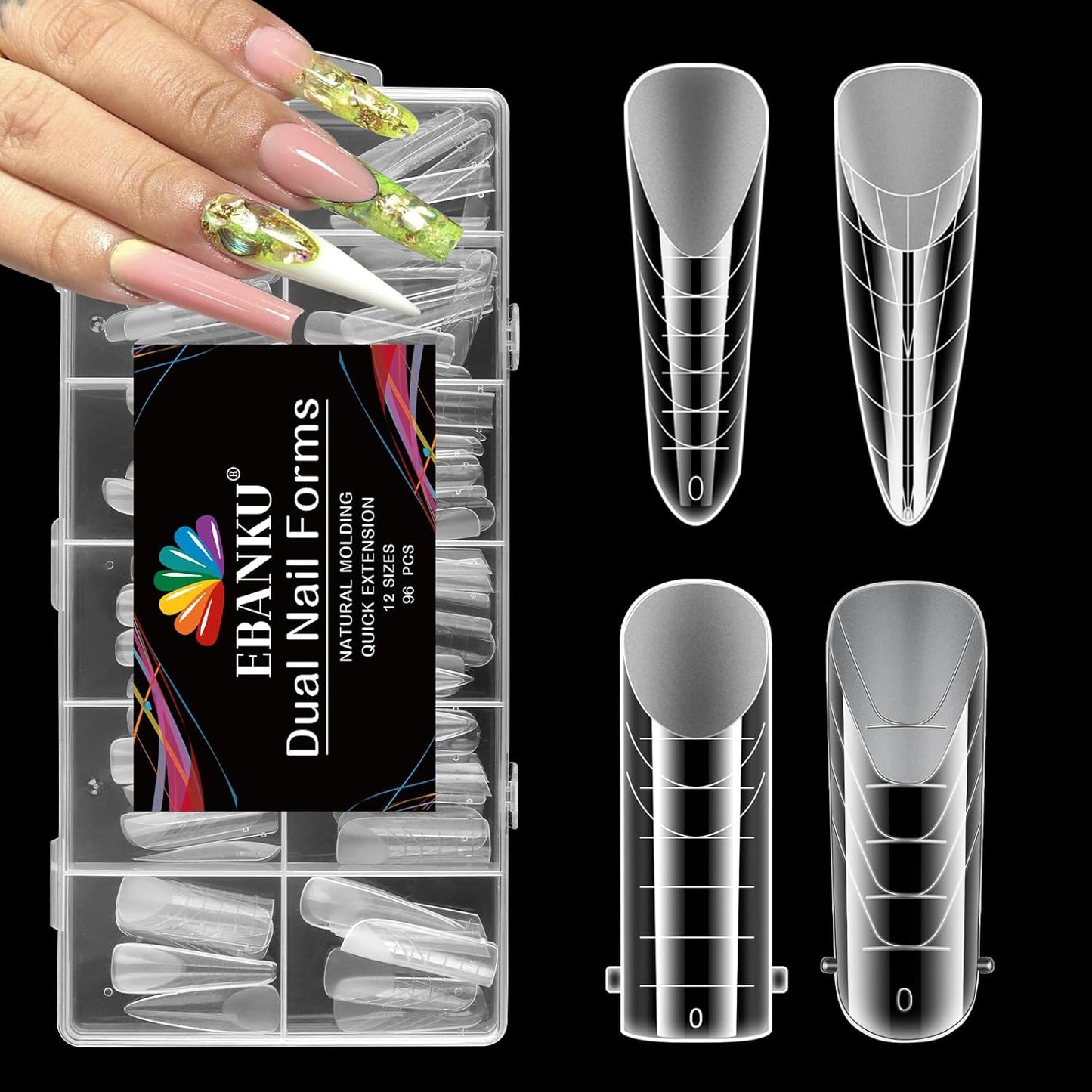 EBANKU Dual Nail Forms for Poly Extension Gel, 96 PCS Clear Nail Molds Reusable Nail Extension Forms for Builder Gel Manicure Design Salon DIY-12 Sizes-Velvo Beauty
