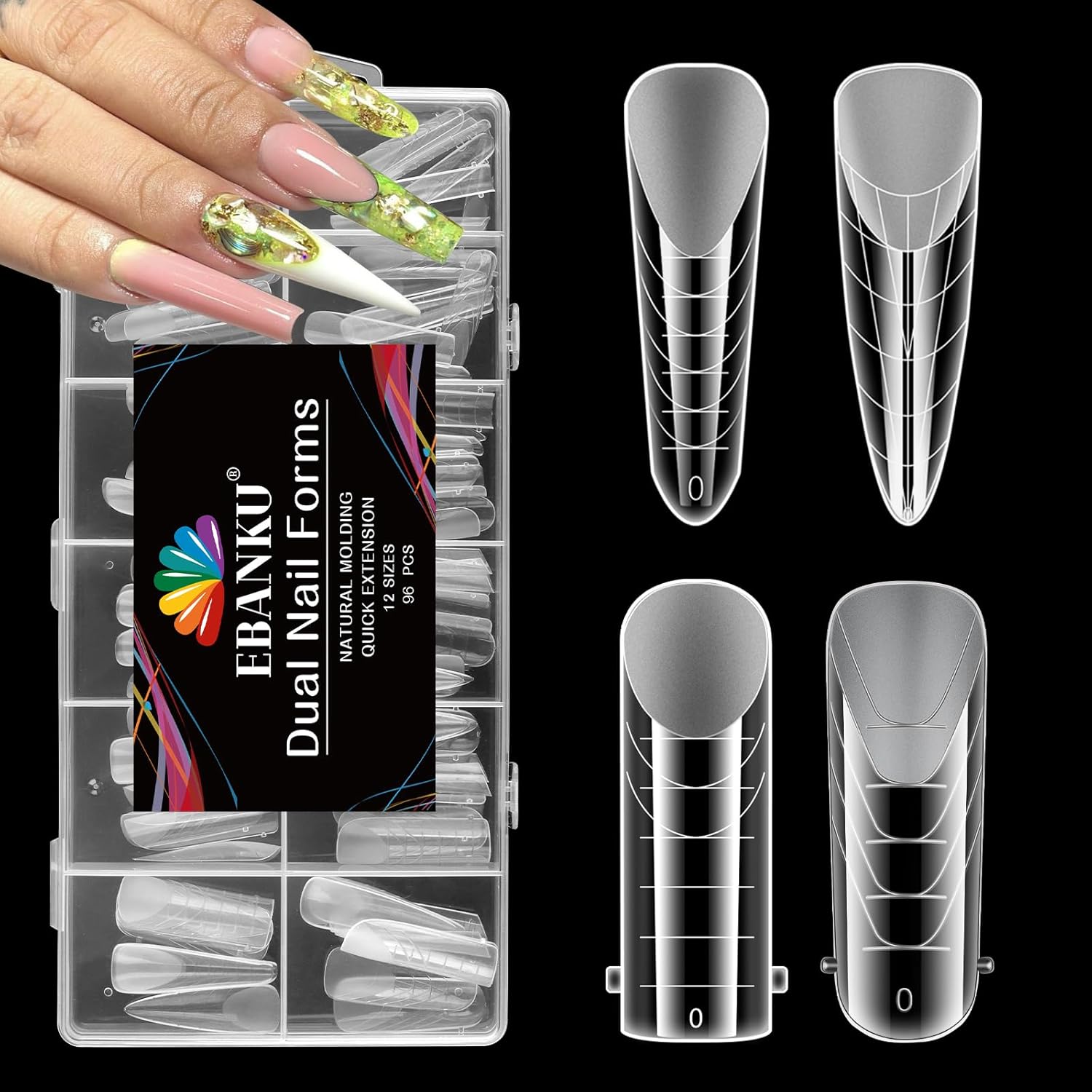 EBANKU Dual Nail Forms for Poly Extension Gel, 96 PCS Clear Nail Molds Reusable Nail Extension Forms for Builder Gel Manicure Design Salon DIY-12 Sizes-Velvo Beauty