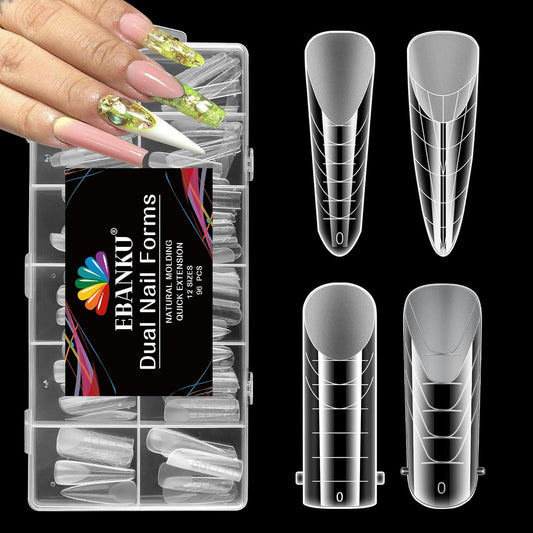 EBANKU Dual Nail Forms for Poly Extension Gel, 96 PCS Clear Nail Molds Reusable Nail Extension Forms for Builder Gel Manicure Design Salon DIY-12 Sizes-Velvo Beauty