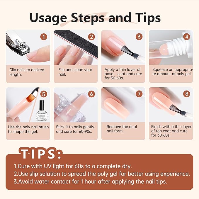 JEWHITENY Poly Extension Gel Nail Set Clear White Pink Poly Nail Gel With Slip Solution Base Coat Top Coat French Manicure for Finger Art and Home DIY Need U V Lamp Curing-Velvo Beauty