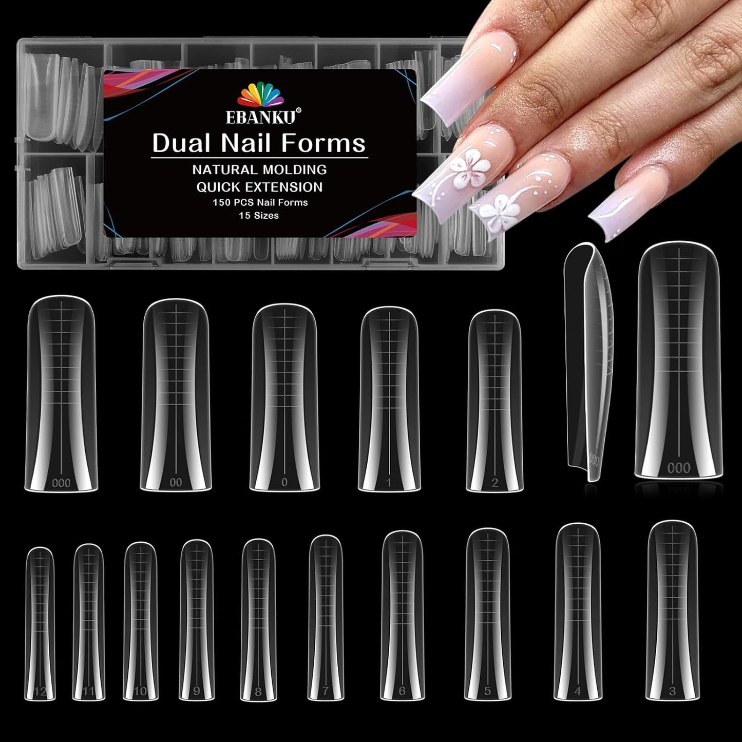 EBANKU Dual Nail Forms for Poly Extension Gel, 150 PCS Duck Nail Molds Reusable 15 Sizes Nail Extension Forms for Builder Gel Manicure Design Salon DIY-Velvo Beauty