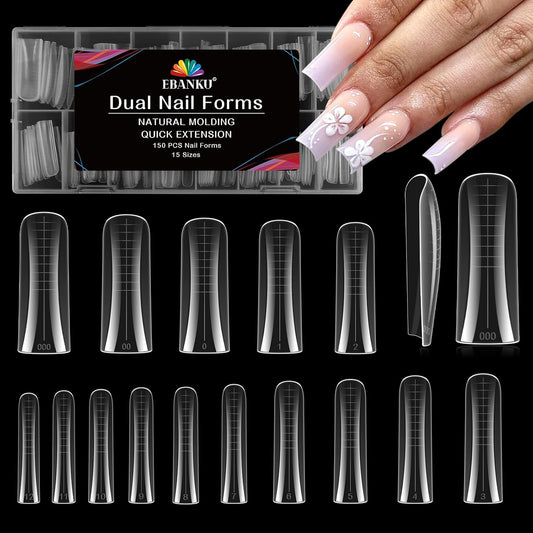 EBANKU Dual Nail Forms for Poly Extension Gel, 150 PCS Duck Nail Molds Reusable 15 Sizes Nail Extension Forms for Builder Gel Manicure Design Salon DIY-Velvo Beauty