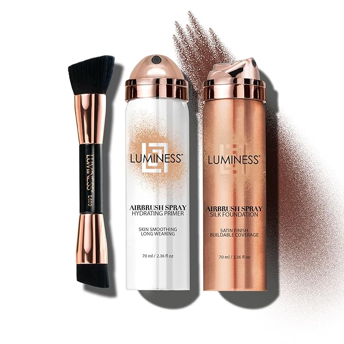 LUMINESS Airbrush Spray Silk Foundation Starter Kit - Rich - Foundation, Primer & Dual-Sided Angled Buffing Brush - Medium, Buildable Coverage, Anti-Aging Formula Hydrates & Moisturizes-Velvo Beauty