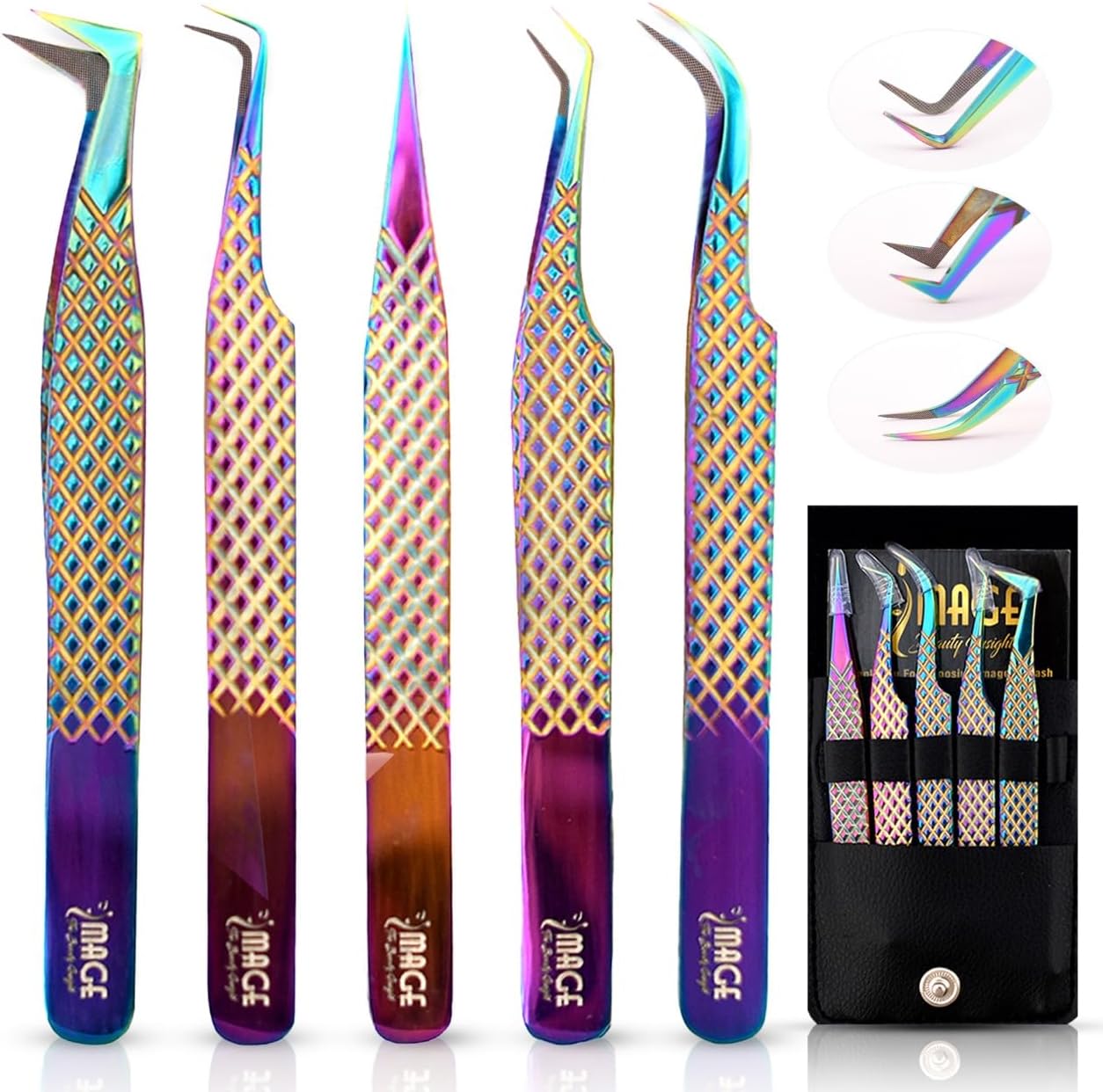 5 Pcs Fiber-Tip Japanese Steel Lash Tweezer Set with Leather Case, Professional Eyelash Tweezers for Lash Extensions – Titanium Coated, 90 & 45 Angled, Precision Pointed Tweezers (Rainbow Color)-Velvo Beauty