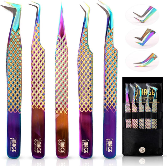 5 Pcs Fiber-Tip Japanese Steel Lash Tweezer Set with Leather Case, Professional Eyelash Tweezers for Lash Extensions – Titanium Coated, 90 & 45 Angled, Precision Pointed Tweezers (Rainbow Color)-Velvo Beauty