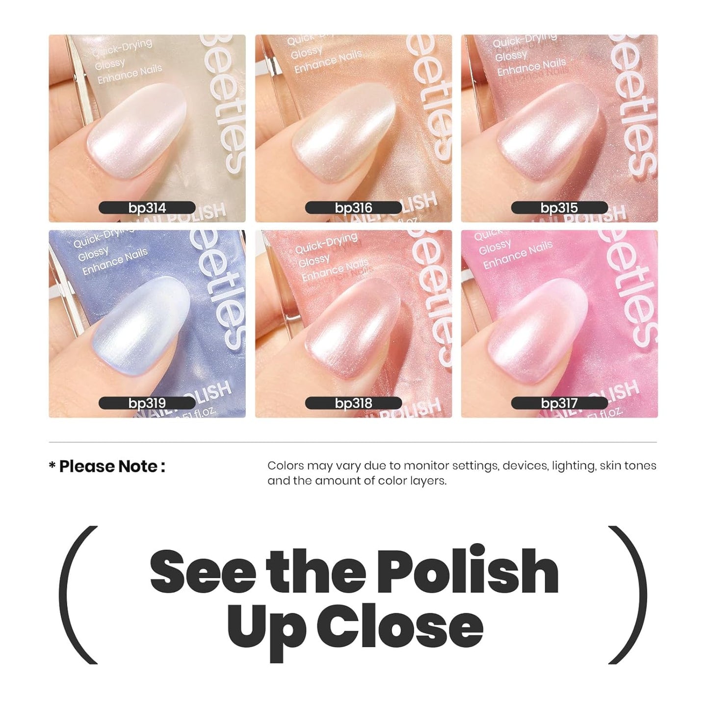 Beetles Pearl Nail Polish Set 6 Colors 15 ML Quick-drying Shimmer Glitter Pearl White Pink Blue Mermaid Nail Polish Kit, Spring Pastel Iridescent DIY Manicure Gift for Women-Velvo Beauty